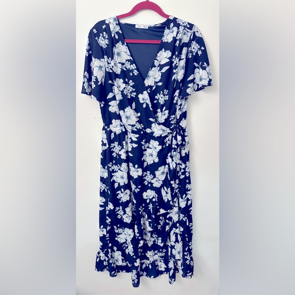 Dex plus navy floral wrap dress midi length